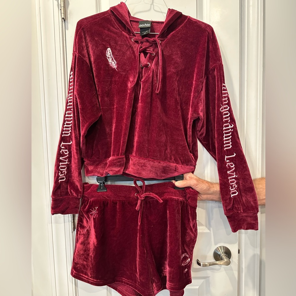 Harry Potter Burgundy Velour “Wingardium Leviosa” Hoodie and Shorts Set, Size L